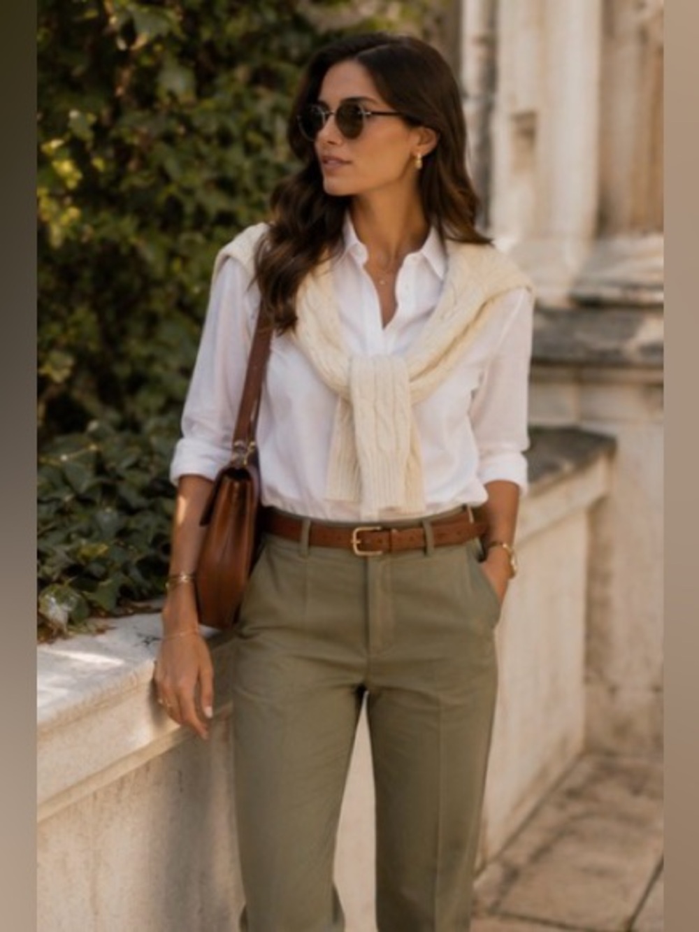 Lauren Ralph Lauren Olive Trousers with White Shirt and Cream Sweater